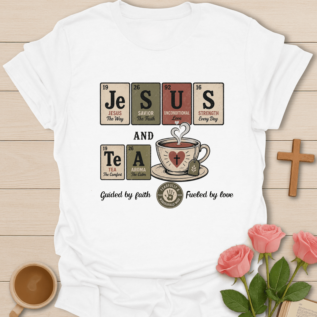 Jesus & Tea Periodic Table T-Shirt KozzyCo Christian and tea lover design