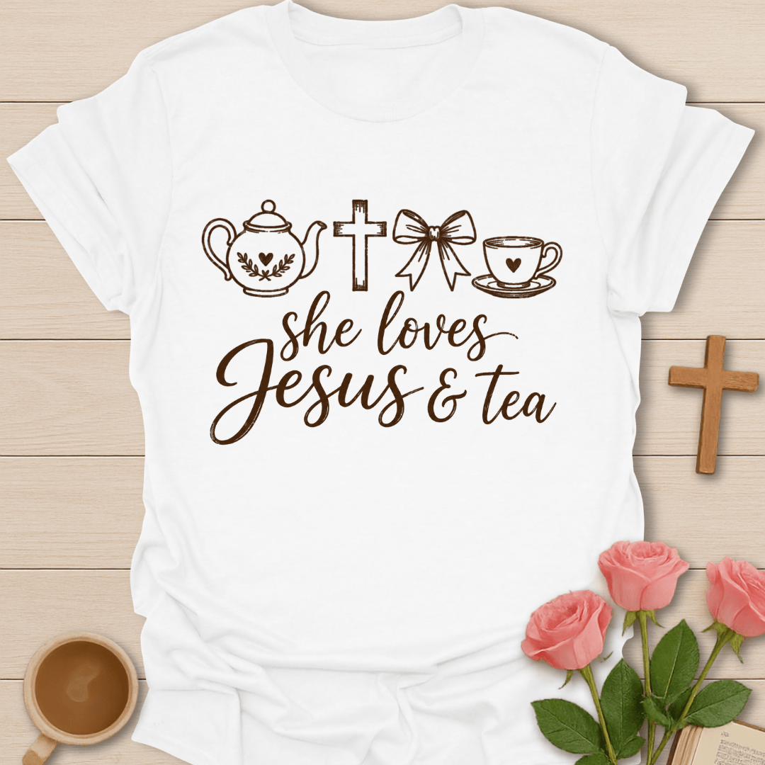 She Loves Jesus & Tea T-Shirt KozzyCo Christian and tea lover design