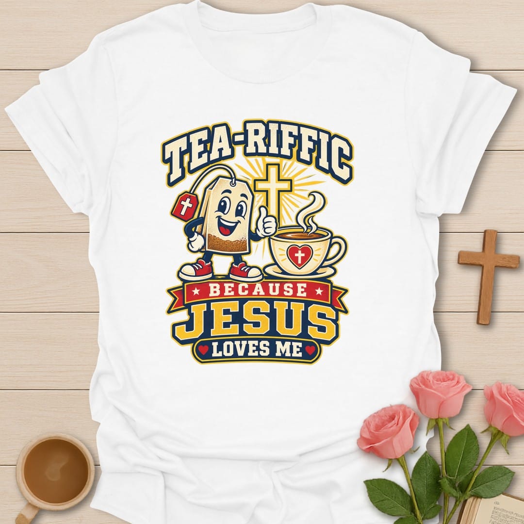 Tea-Riffic Faith t-shirt with punny tea lettering and faith design - White