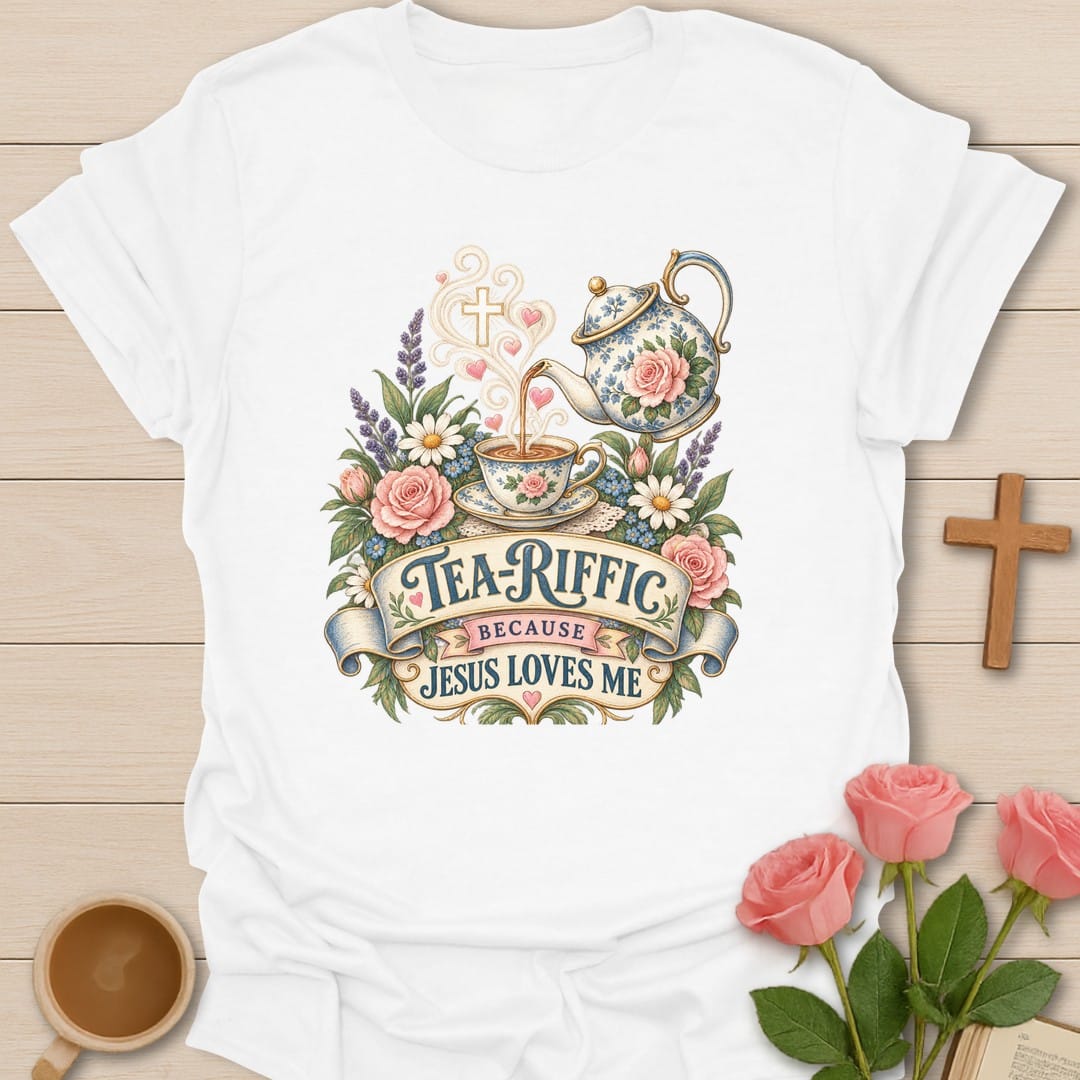 Tea-Riffic t-shirt with playful tea pun lettering and cheerful design - White