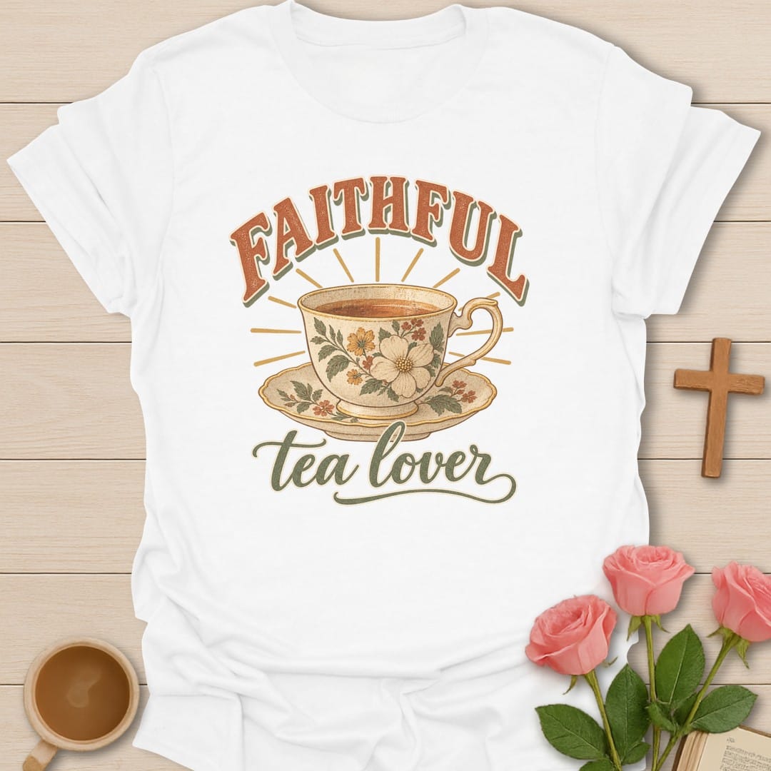 Faithful Tea Lover t-shirt with tea lover lettering and faith-inspired design - White