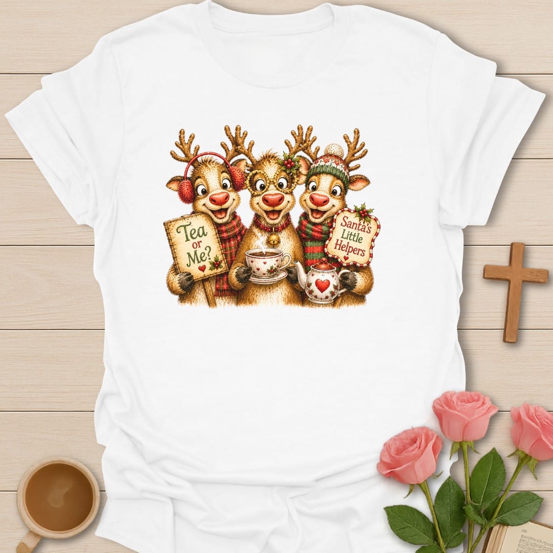 Santa's Little Helpers t-shirt with playful Christmas artwork and faith-inspired design - White