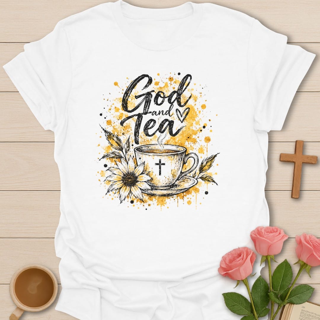 Brew Blessed t-shirt with tea brewing lettering and faith-inspired design - White