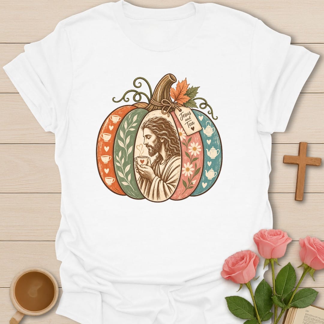 Jesus Tea Pumpkin t-shirt with cozy fall pumpkin and tea artwork and faith-inspired design - White