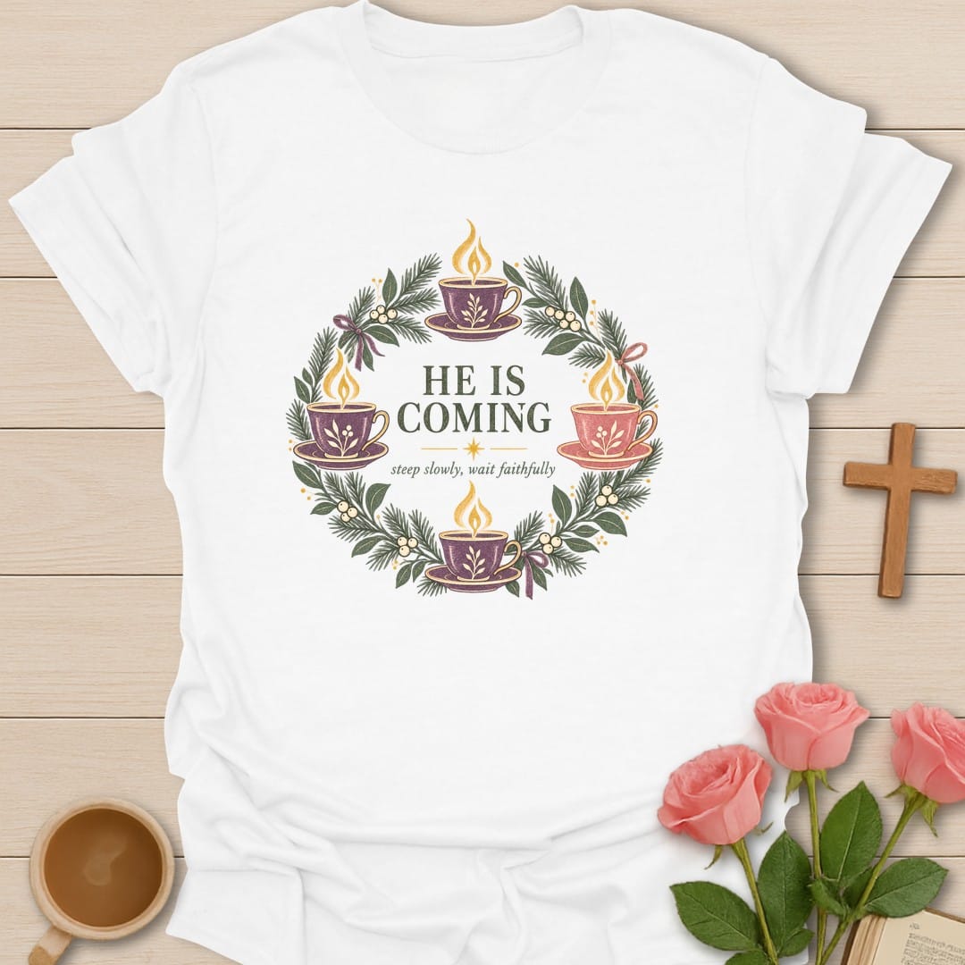 Tea Advent Wreath t-shirt with Advent wreath and tea artwork and faith-inspired design - White