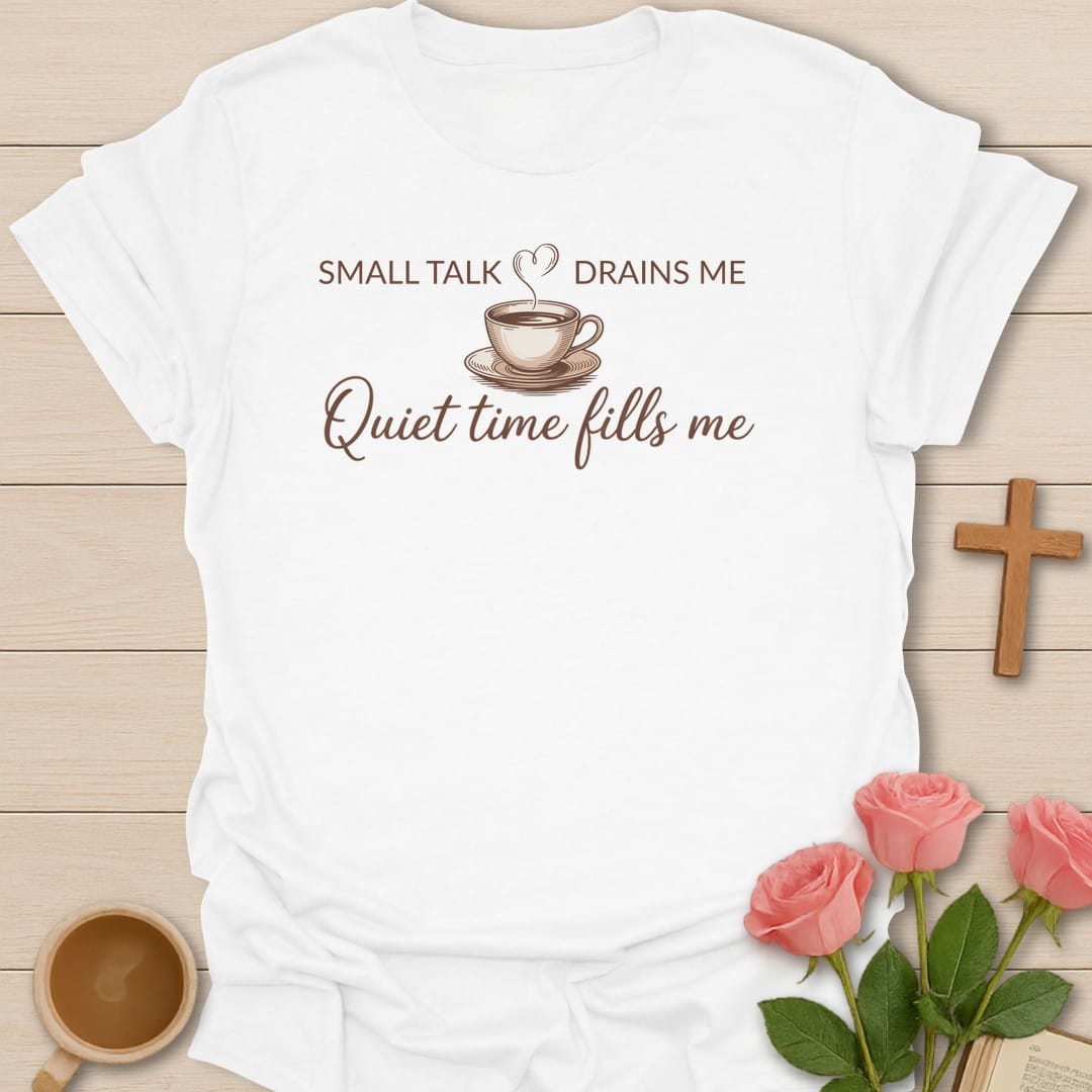 Small Talk t-shirt with playful lettering and tea-and-faith design - White