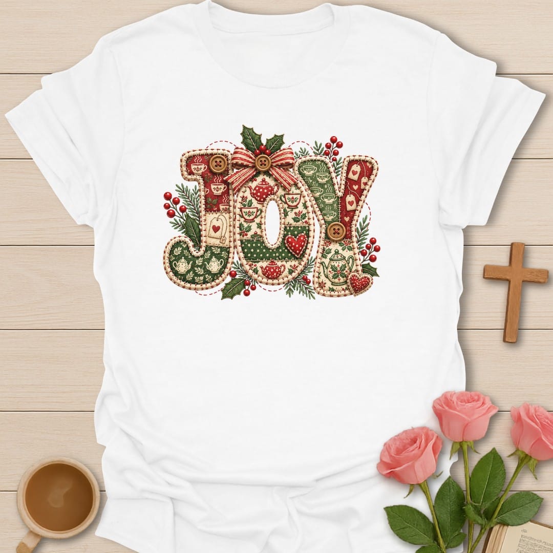 Joy Stitched t-shirt with playful joy lettering and faith-inspired design - White