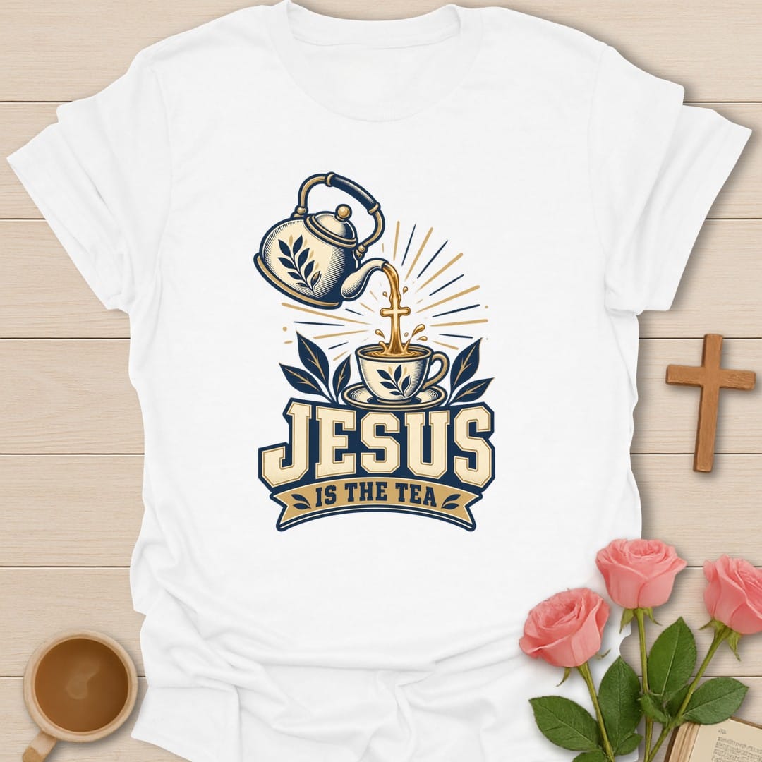 Steeped Faith t-shirt with tea steeping lettering and faith-inspired design - White
