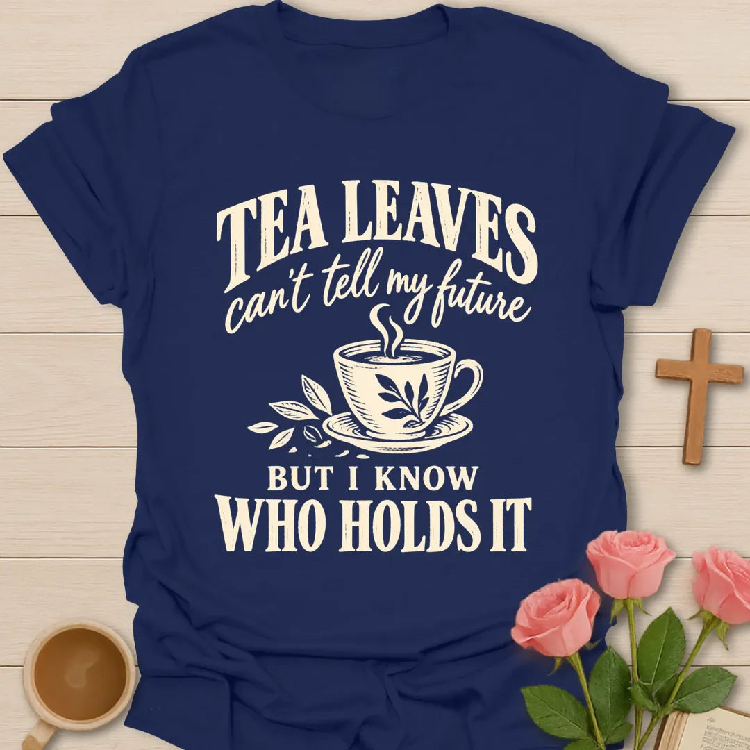 Who Holds It Christian t-shirt with faith-inspired lettering and design - Navy