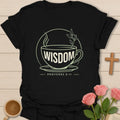 Wisdom shirt with green teacup, tea leaves, steam, and Proverbs 8:11 text. - Black