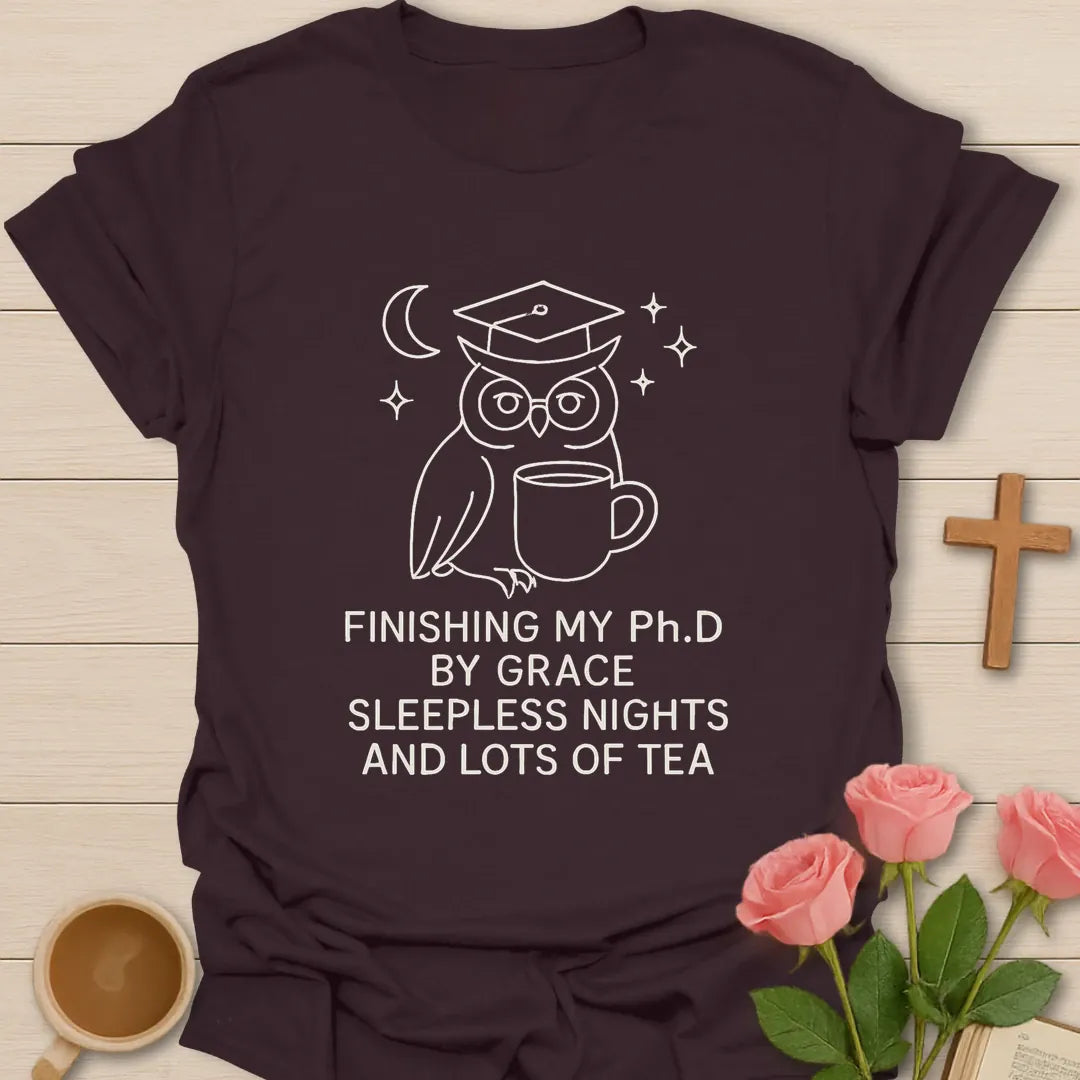 Wise owl dissertation shirt with white line art owl in graduation cap holding mug, moon, stars, and stacked PhD by grace text. - Dark Chocolate