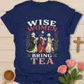 Wise Women Bring Tea Christmas Christian T-shirt with three women carrying teapots - Navy