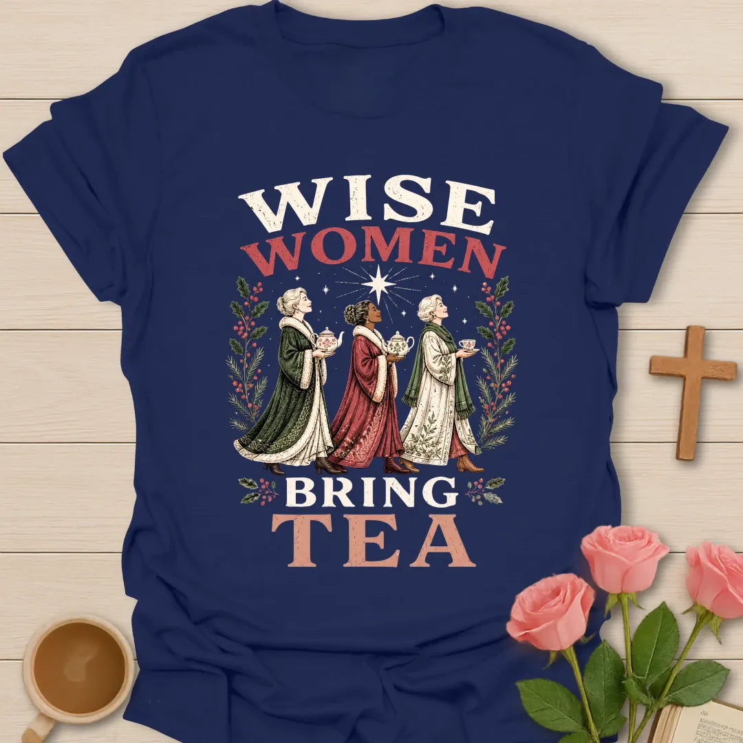 Wise Women Bring Tea Christmas Christian T-shirt with three women carrying teapots - Navy