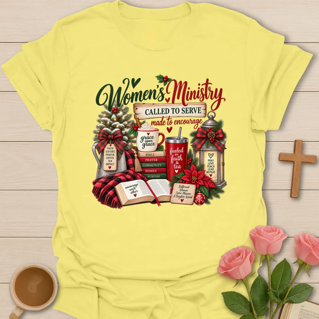 Woman Ministry Christmas t-shirt with festive women's ministry lettering and faith-inspired design - Cornsilk