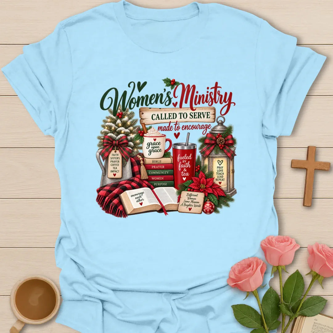 Woman Ministry Christmas t-shirt with festive women's ministry lettering and faith-inspired design - Light Blue