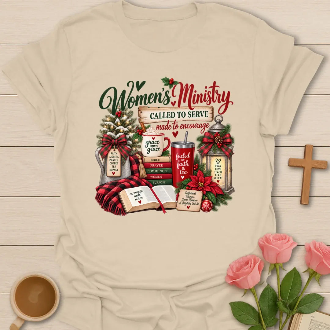 Woman Ministry Christmas t-shirt with festive women's ministry lettering and faith-inspired design - Sand