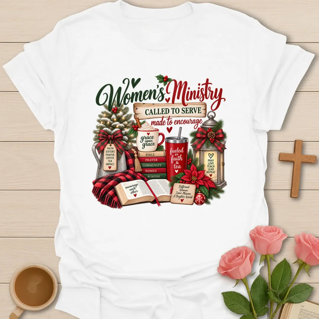 Woman Ministry Christmas t-shirt with festive women's ministry lettering and faith-inspired design - White