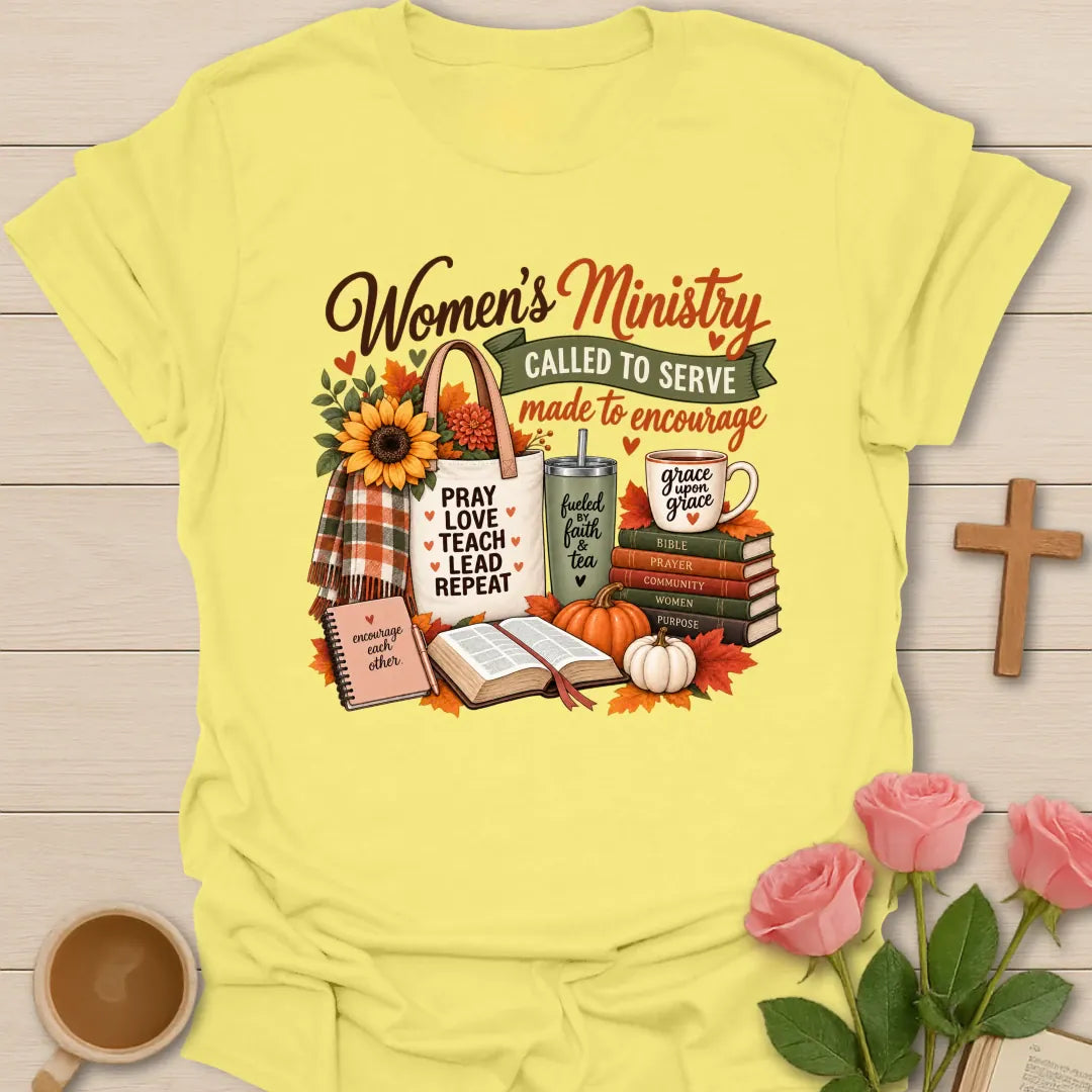 Woman Ministry Fall t-shirt with cozy autumn women's ministry lettering and faith-inspired design - Cornsilk