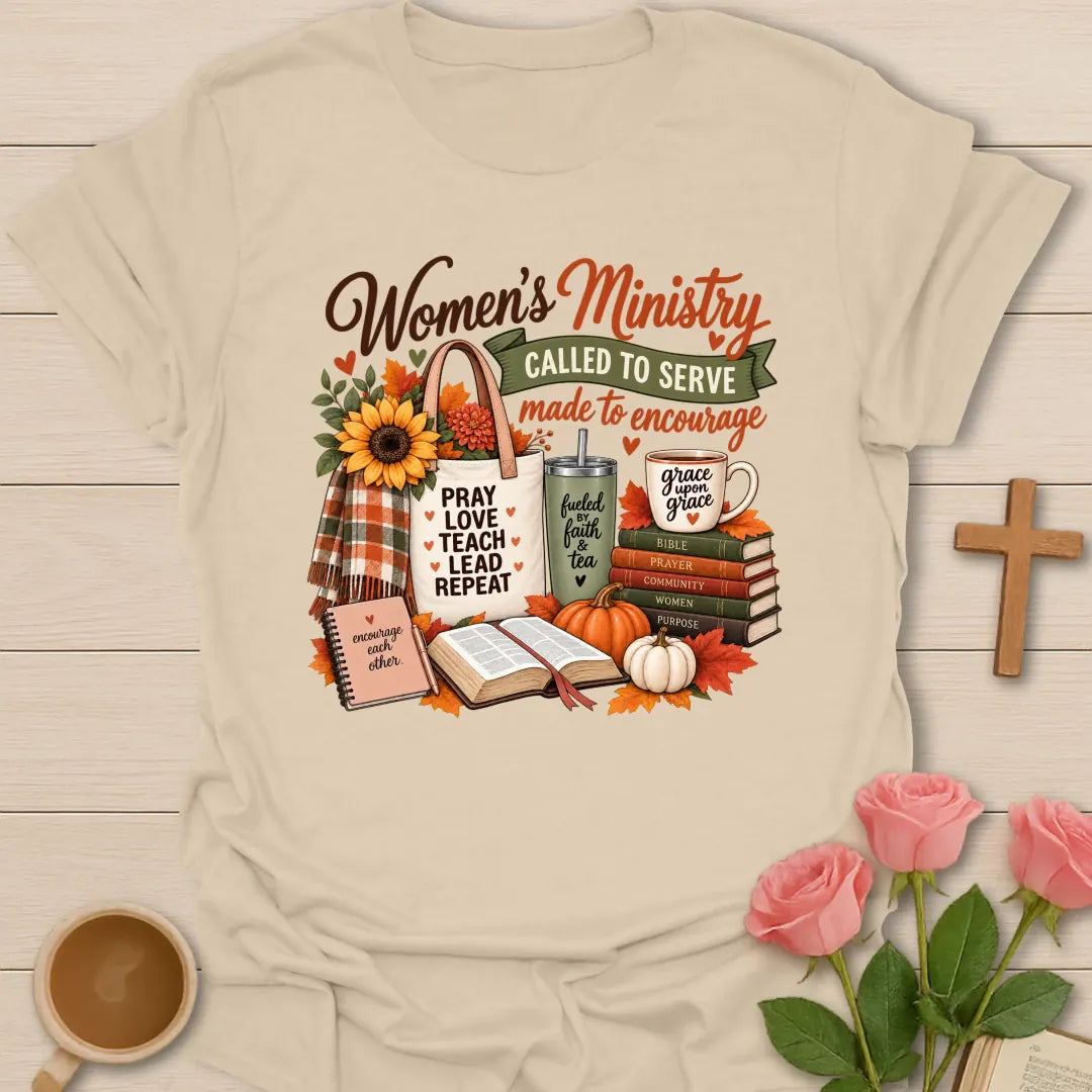 Woman Ministry Fall t-shirt with cozy autumn women's ministry lettering and faith-inspired design - Sand