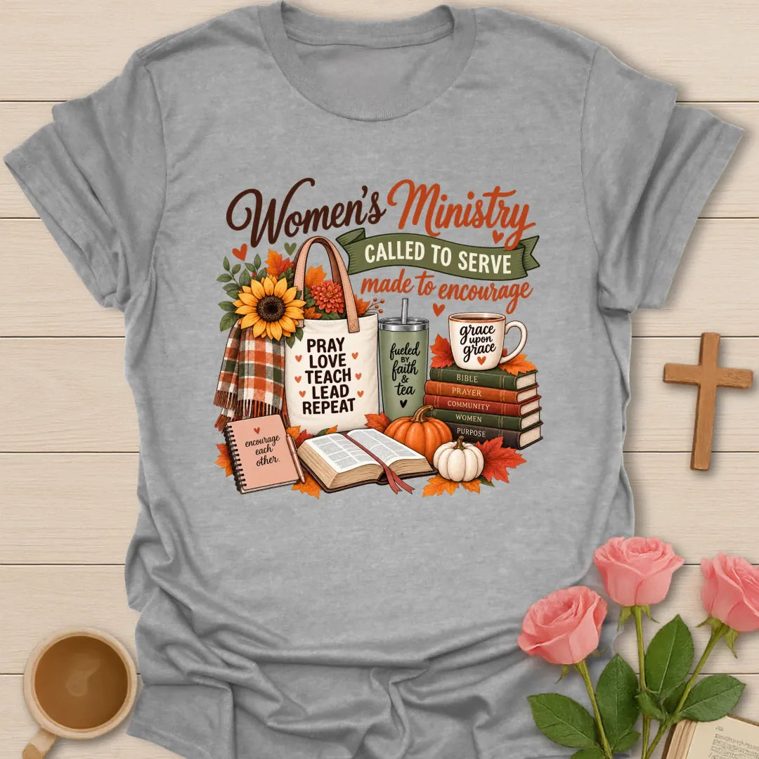 Woman Ministry Fall t-shirt with cozy autumn women's ministry lettering and faith-inspired design - Sport Grey