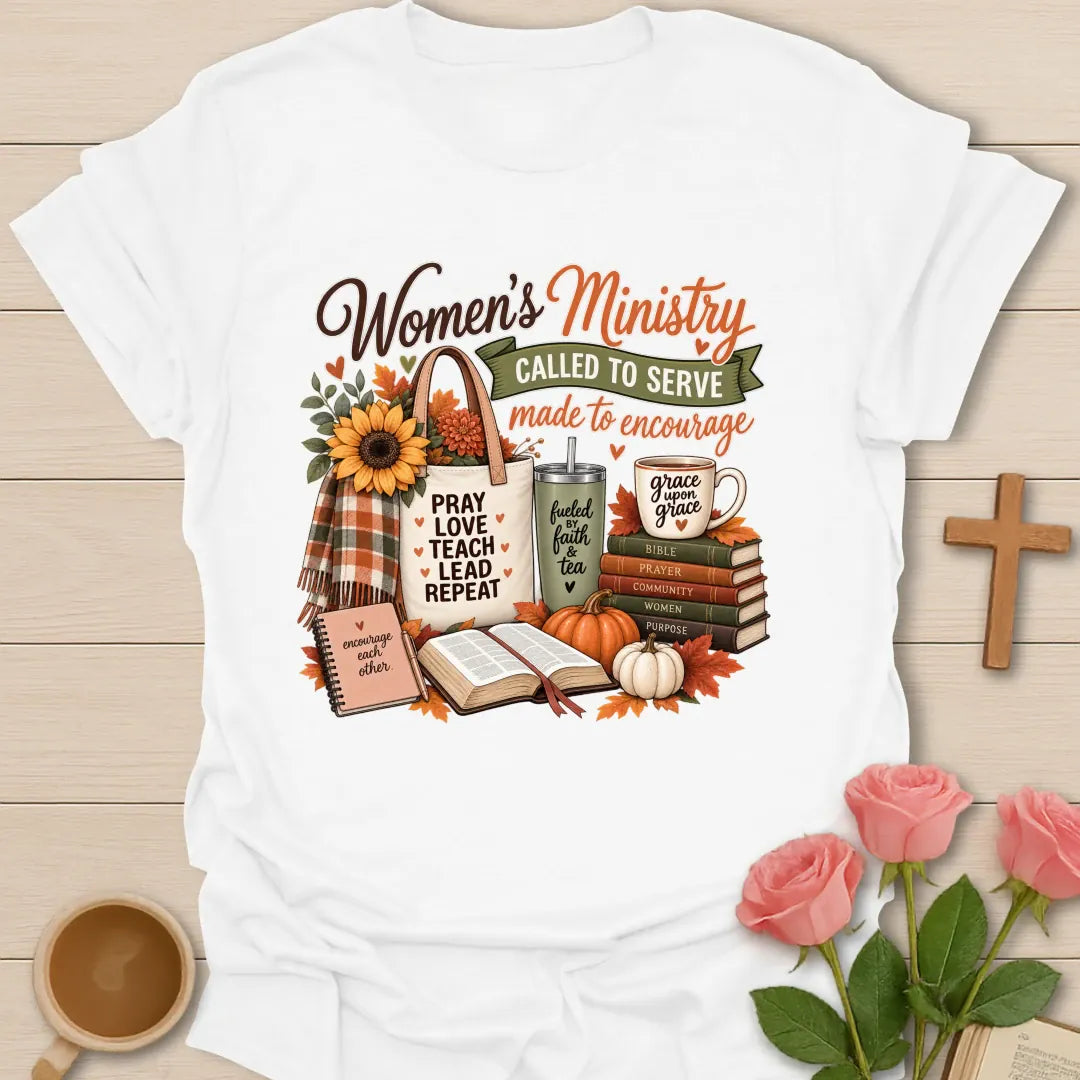 Woman Ministry Fall t-shirt with cozy autumn women's ministry lettering and faith-inspired design - White