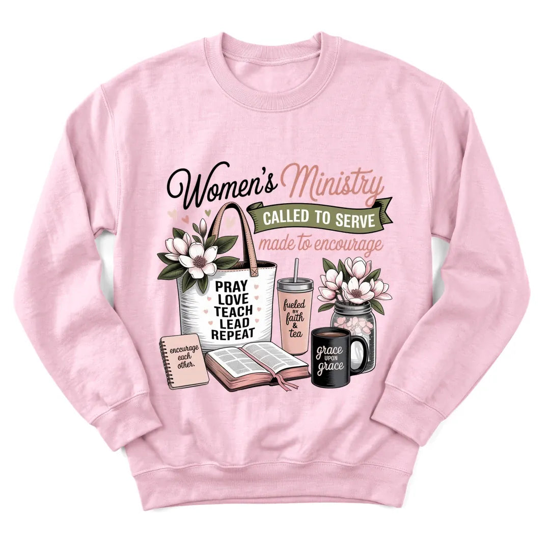 Women's Ministry faith and tea sweatshirt with encouraging lettering and teacup - Light Pink