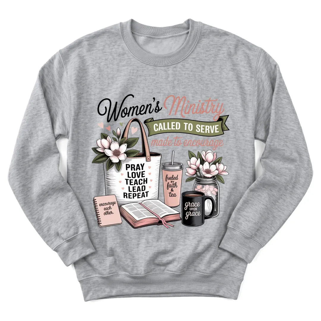 Women's Ministry faith and tea sweatshirt with encouraging lettering and teacup - Sport Grey