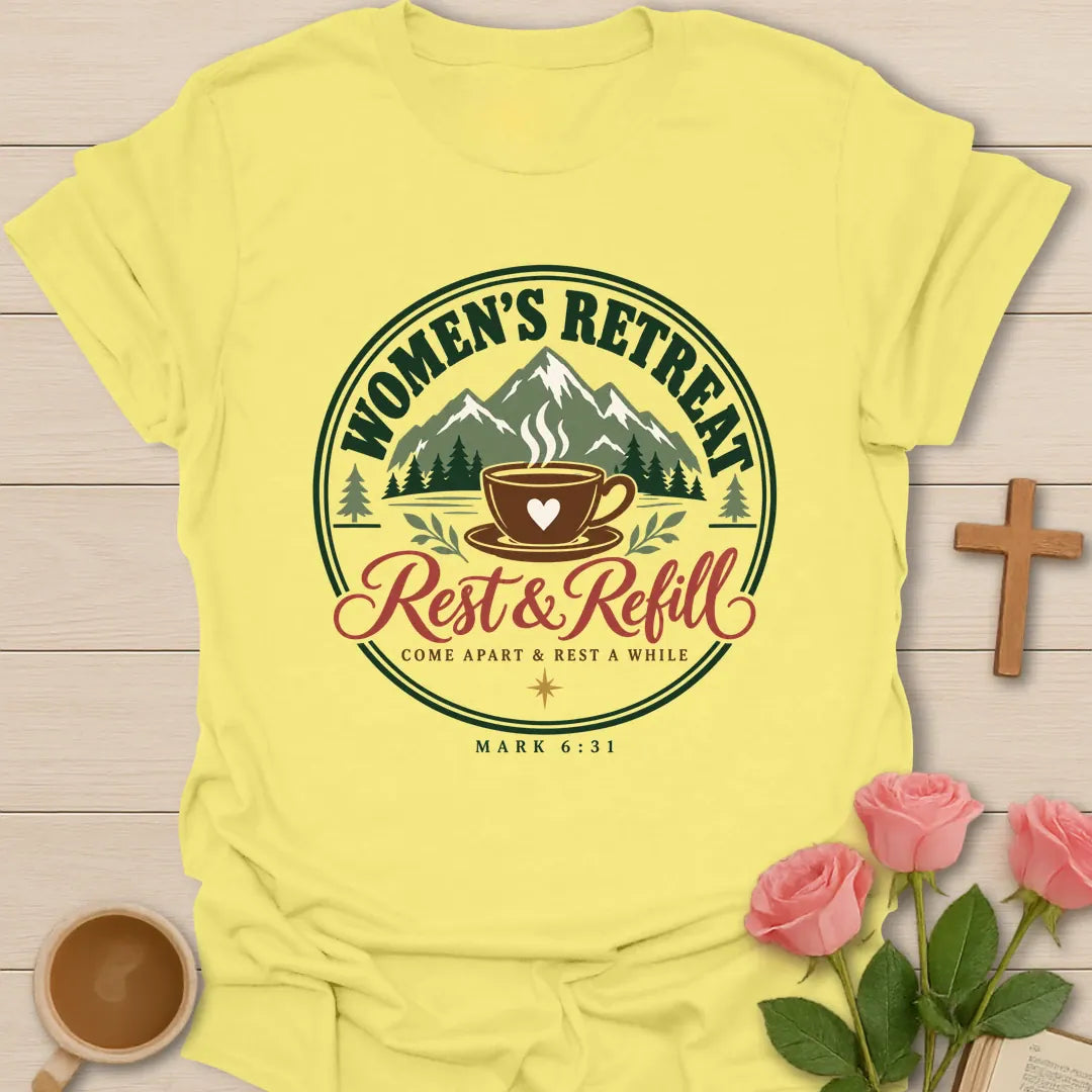 Women's Retreat Christian t-shirt with tea-inspired lettering and faith design - Cornsilk