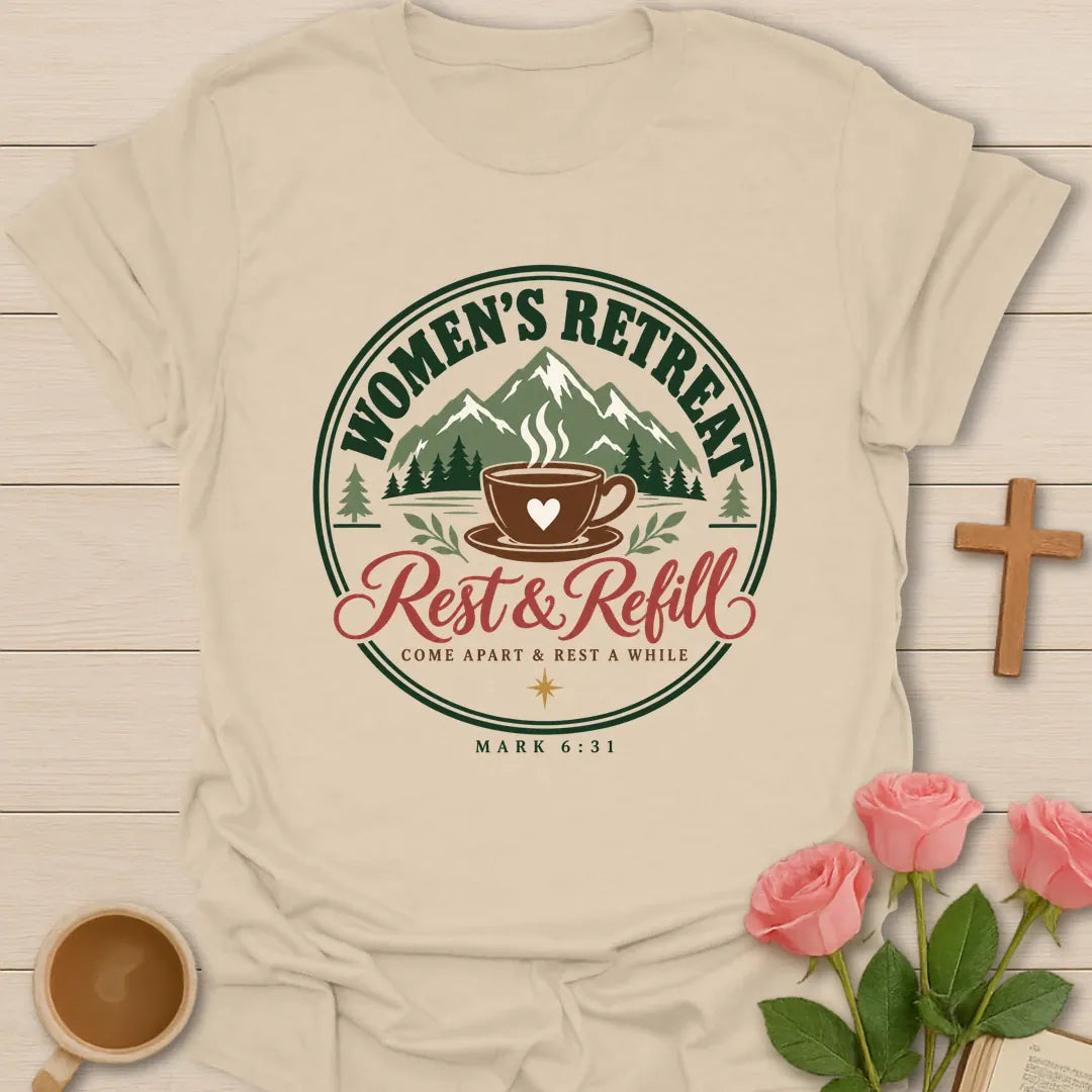 Women's Retreat Christian t-shirt with tea-inspired lettering and faith design - Sand