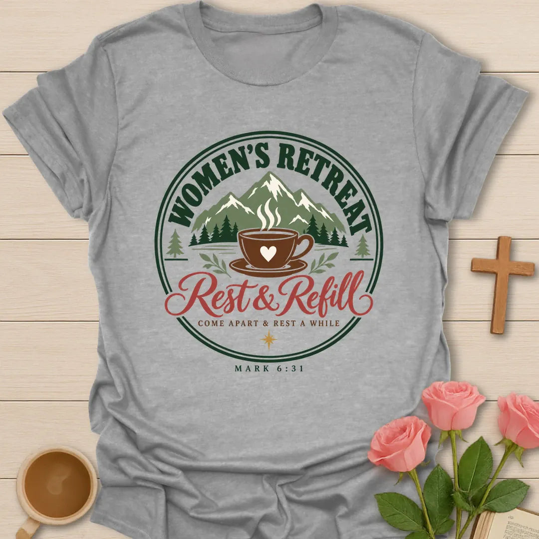 Women's Retreat Christian t-shirt with tea-inspired lettering and faith design - Sport Grey