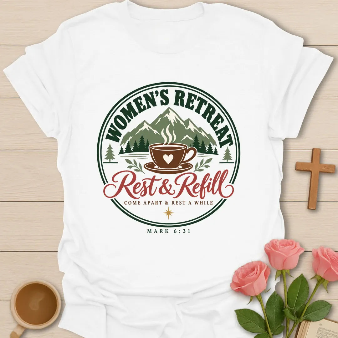 Women's Retreat Christian t-shirt with tea-inspired lettering and faith design - White