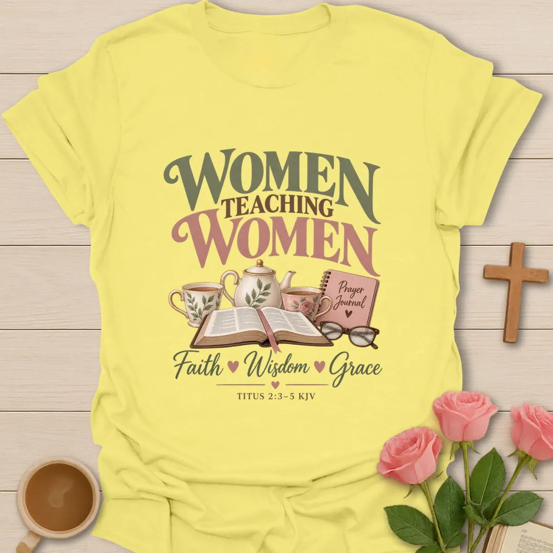 Women Teaching Women Ministry t-shirt with mentoring lettering and faith-inspired design - Cornsilk