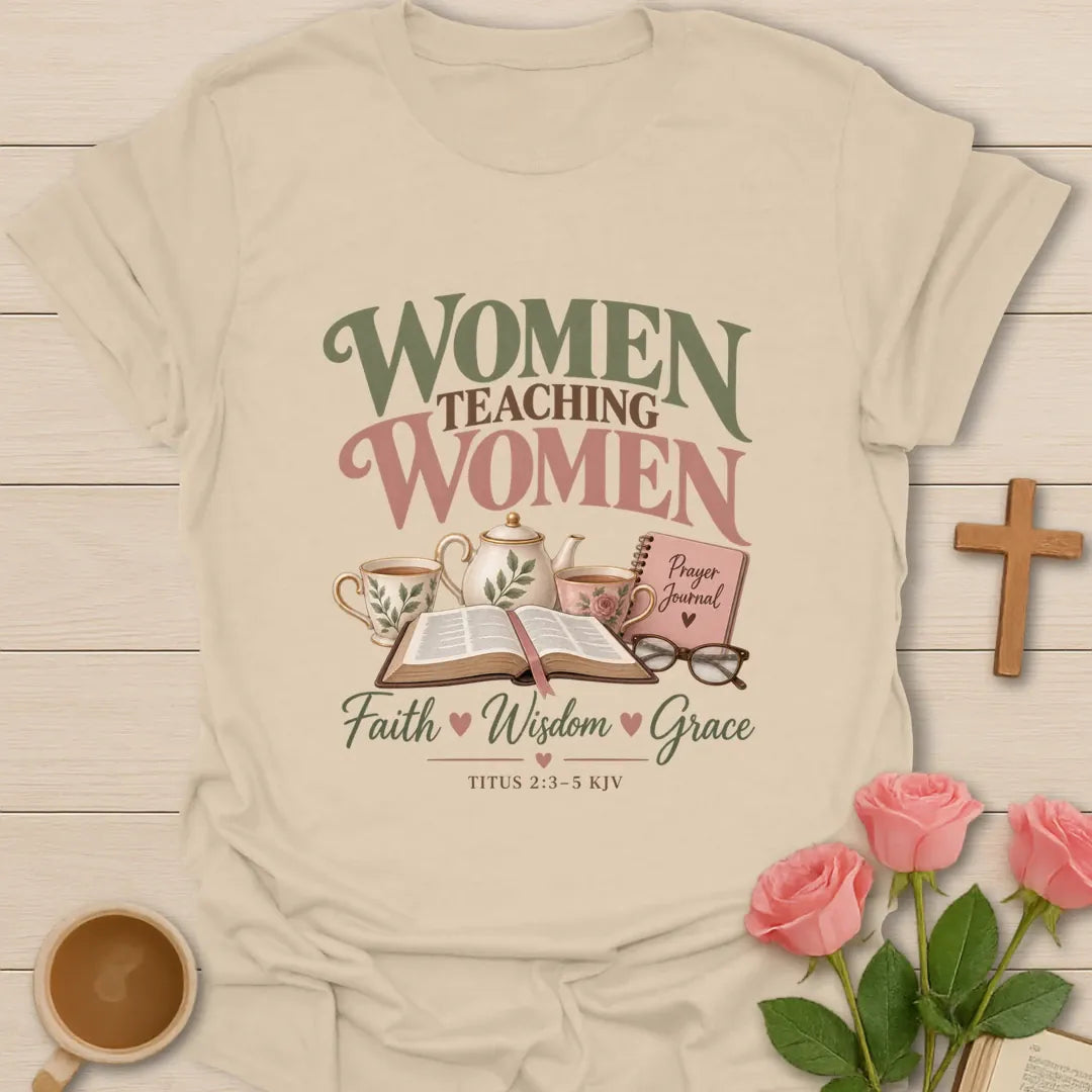 Women Teaching Women Ministry t-shirt with mentoring lettering and faith-inspired design - Sand