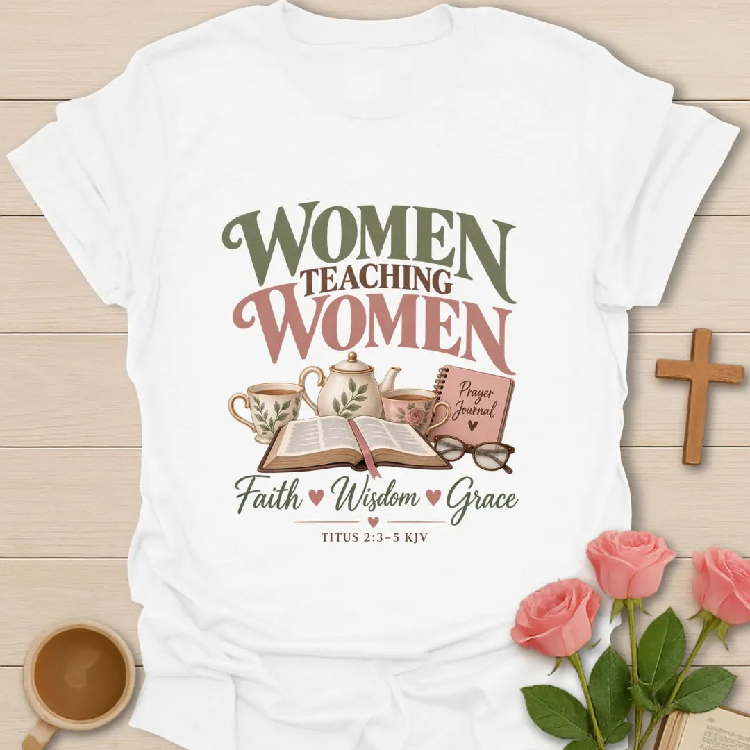 Women Teaching Women Ministry t-shirt with mentoring lettering and faith-inspired design - White