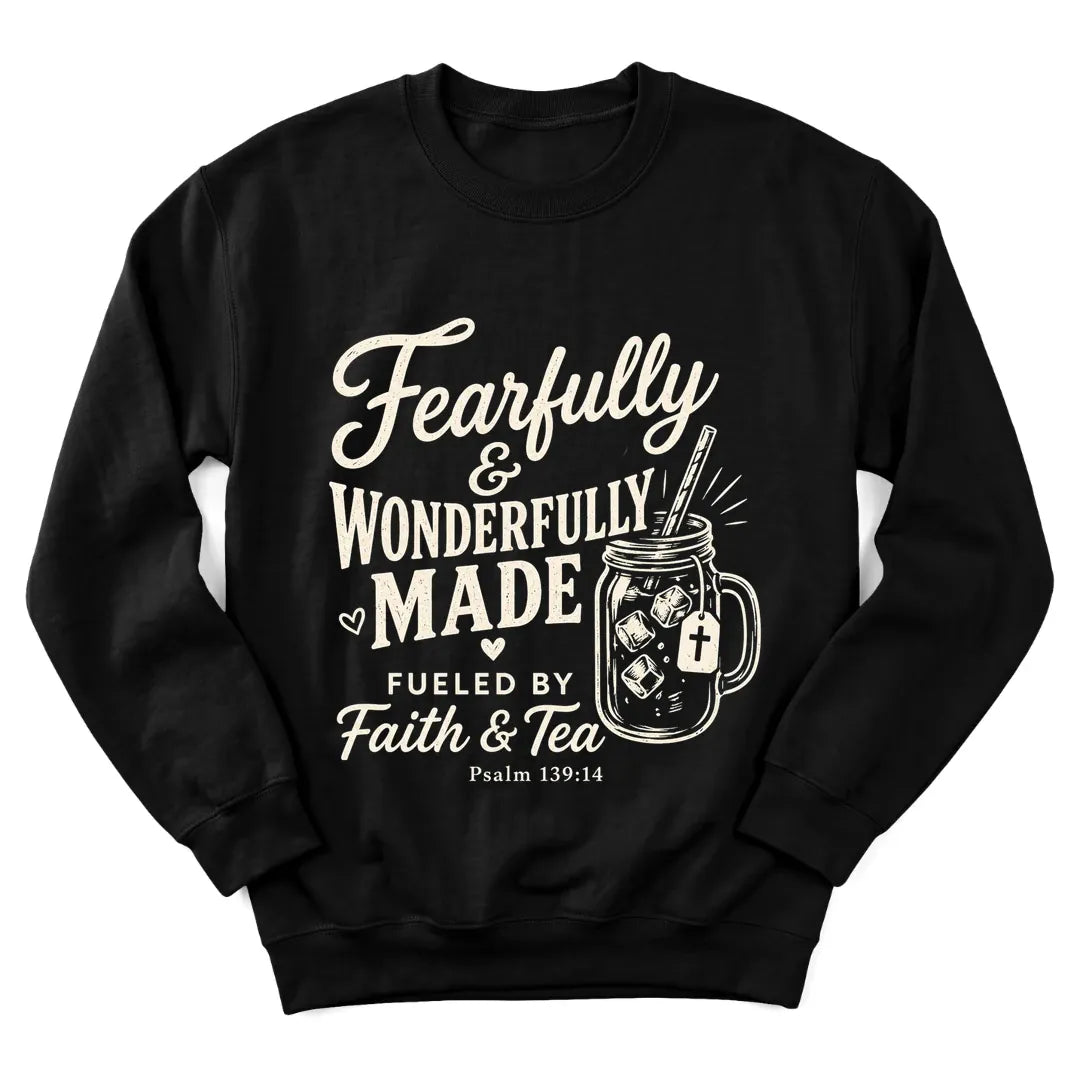 Wonderfully Made faith and tea sweatshirt with Psalm 139:14 lettering - Black