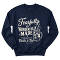 Wonderfully Made faith and tea sweatshirt with Psalm 139:14 lettering - Navy