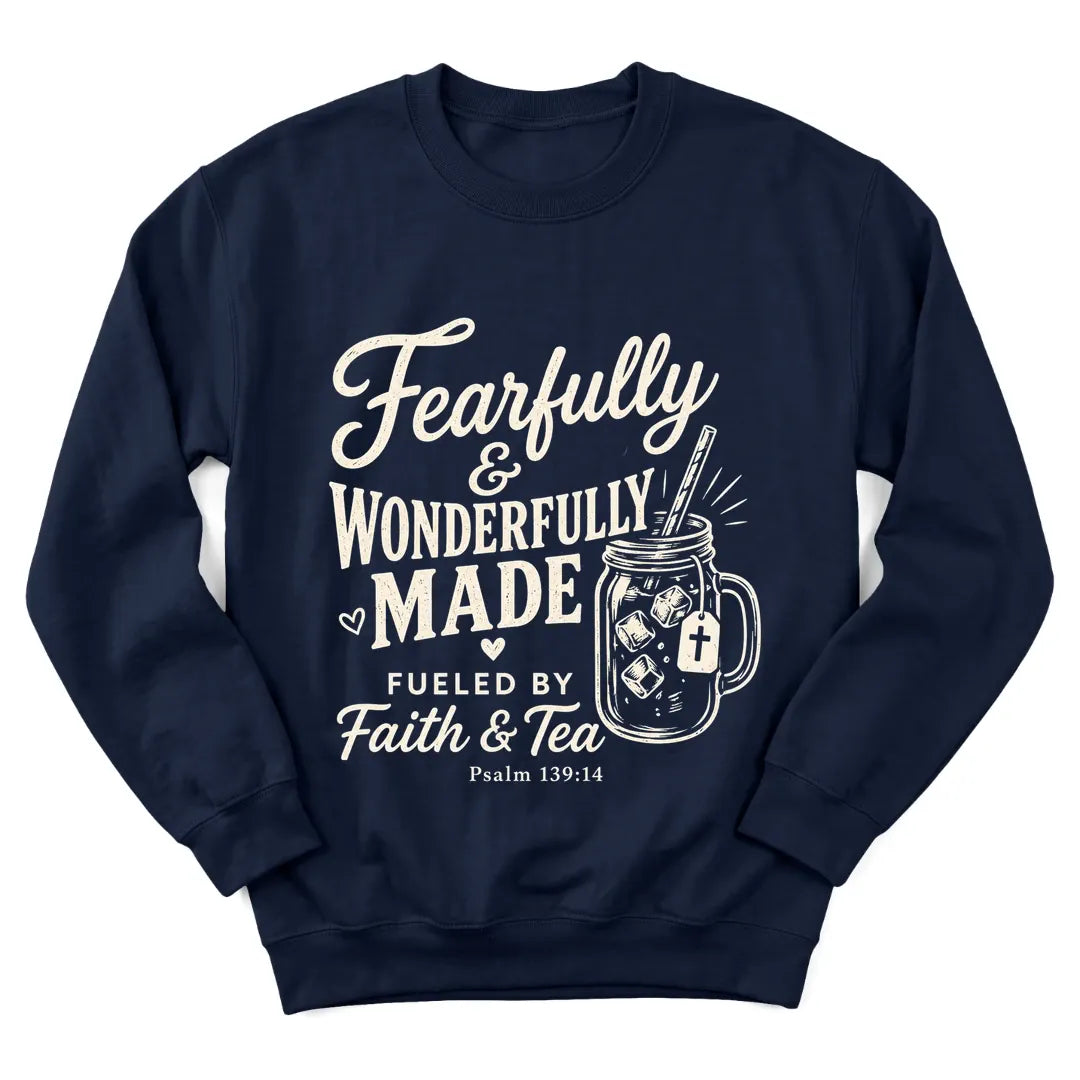 Wonderfully Made faith and tea sweatshirt with Psalm 139:14 lettering - Navy