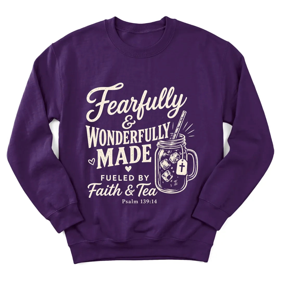 Wonderfully Made faith and tea sweatshirt with Psalm 139:14 lettering - Purple