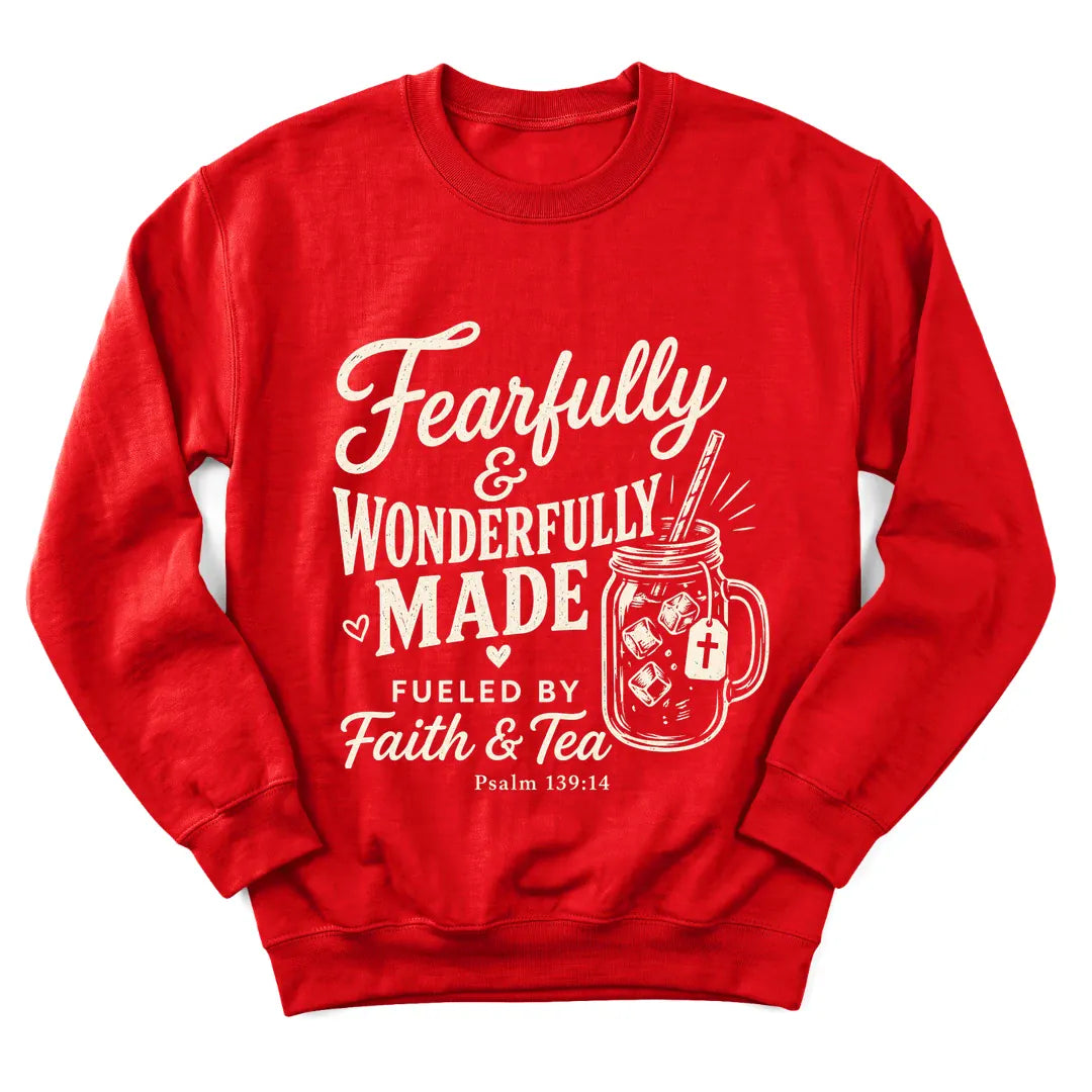 Wonderfully Made faith and tea sweatshirt with Psalm 139:14 lettering - Red