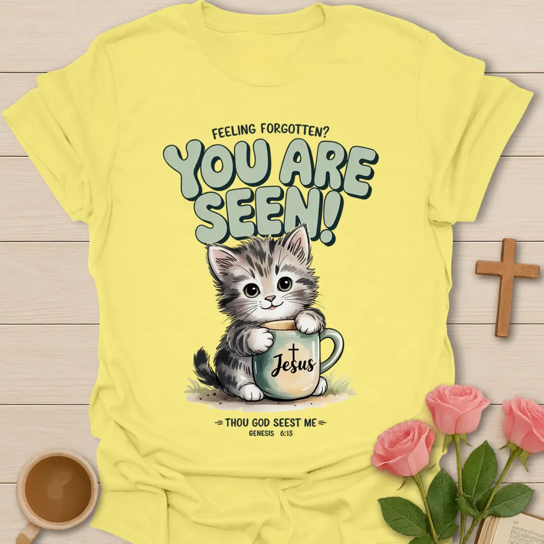 You Are Seen Kitten Christian t-shirt with faith-inspired tea lettering design - Cornsilk