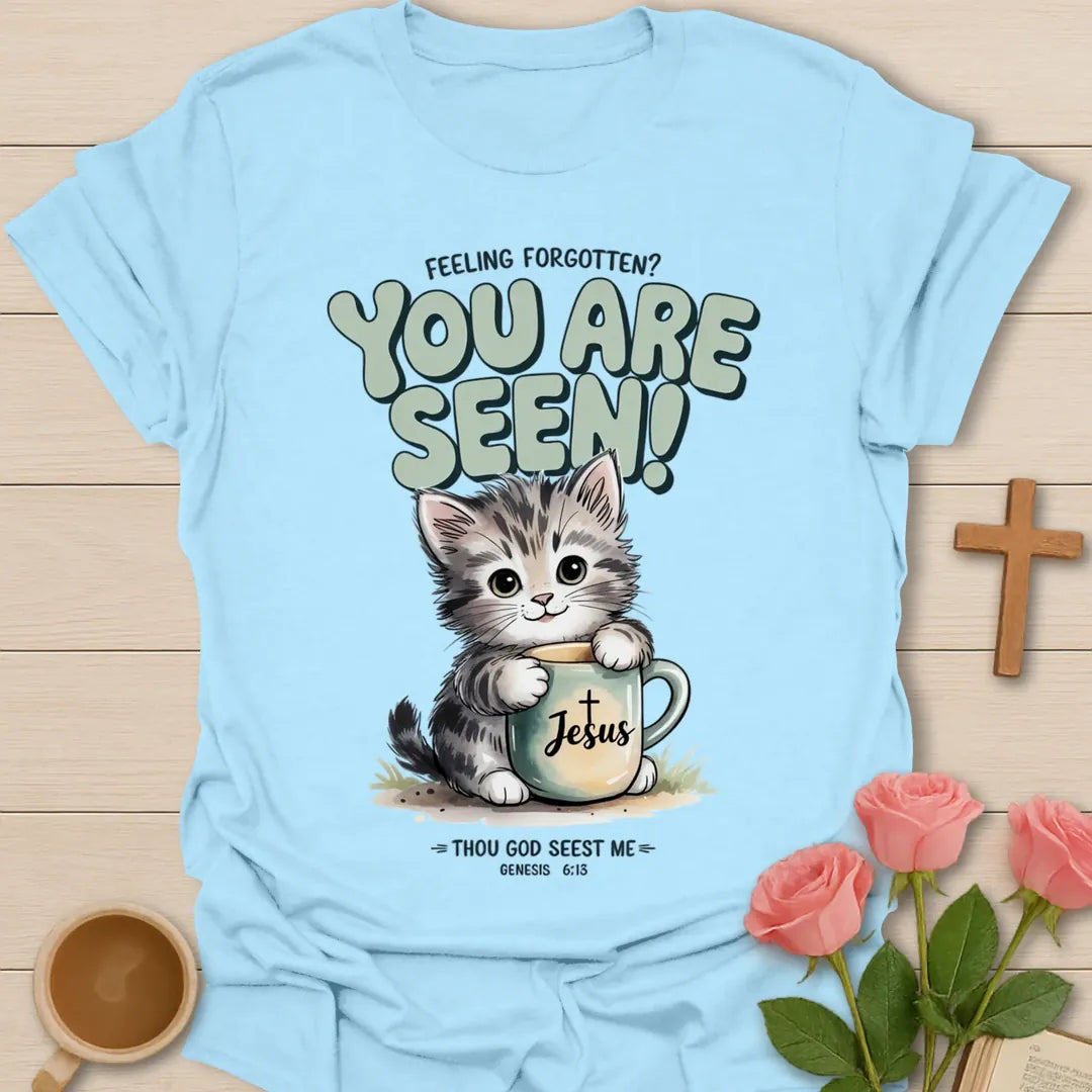 You Are Seen Kitten Christian t-shirt with faith-inspired tea lettering design - Light Blue
