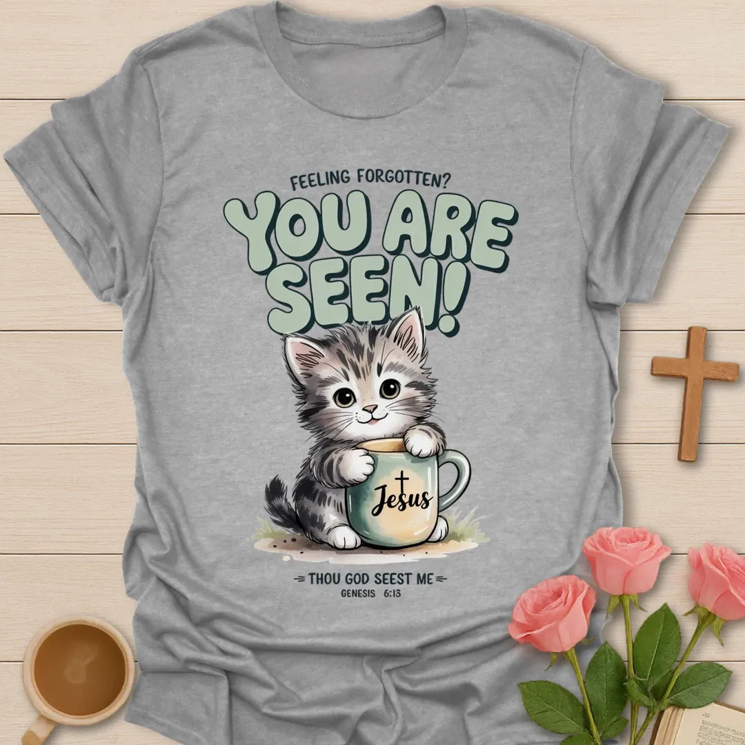 You Are Seen Kitten Christian t-shirt with faith-inspired tea lettering design - Sport Grey