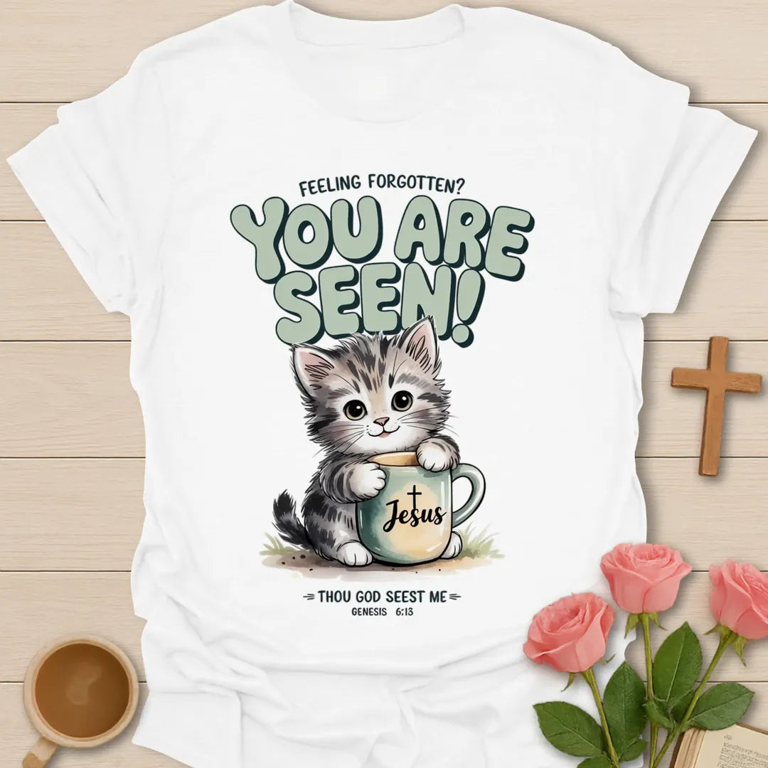 You Are Seen Kitten Christian t-shirt with faith-inspired tea lettering design - White